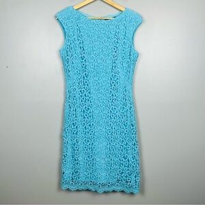 Lauren Ralph Lauren Turquoise Sleeveless Lined Eyelet Overlay Sheath Dress, 8.